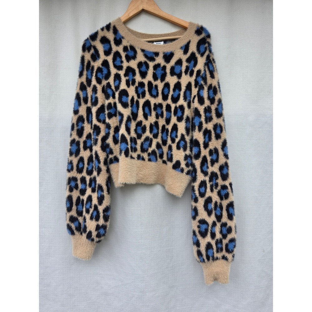 Sunday Best Aritzia Leopard Print Fuzzy Cropped Sweater Blue Tan L SNH2-3577RE